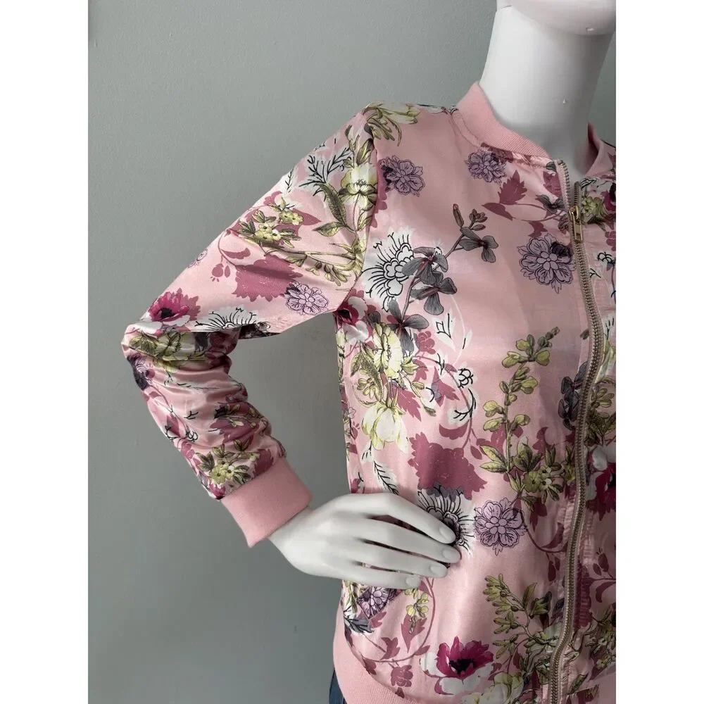 Say What Pink Satin Floral Bomber Jacket Girls size Large 14/16
